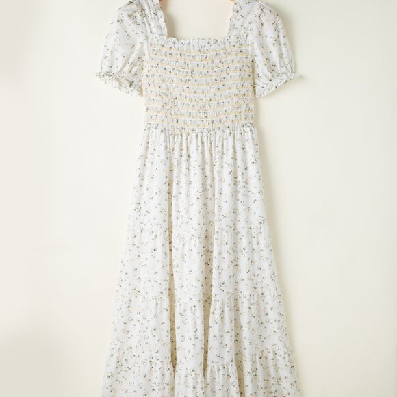 White Frilly Shirred Bodice Tiered Floral Maxi Dress - Picture 1 of 6